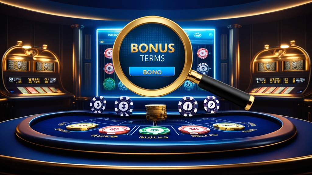 Overzicht van bonusvoorwaarden op een scherm met vergrootglas in een donker casino