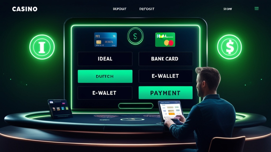 Stortingsopties iDEAL, kaart en e-wallet op een casino-scherm